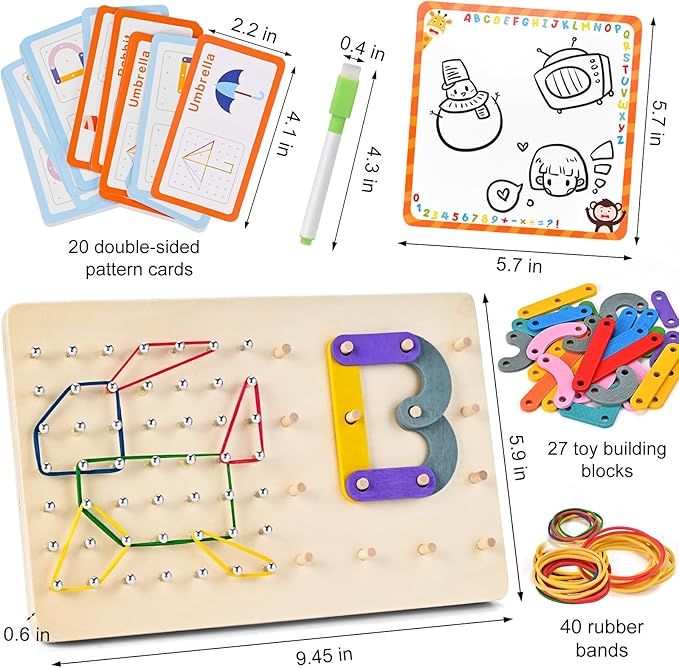 Geoboards with Rubber Bands, Wooden Letter Number Construction Puzzle Board with 20 Pattern Cards, 50 Rubber Bands to Figures and Shapes, Montessori Brain Teaser STEM Toy（9.5 * 6 * 0.6in）