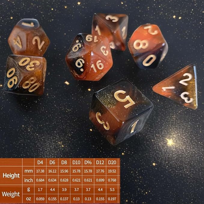 Polyhedral Dice Set, 7 PCS Dice Kit of D4 D6 D8 D10 D% D12 D20 Compatible with Dungeons and Dragons DND TTRPG MTG Table Role Playing Games(Black & Orange Nebula+Glitter)