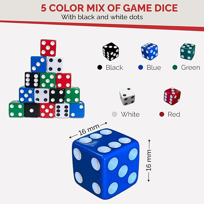 MR CHIPS D6 Standard 16 mm Opaque Dice with Pip Dots - 100 Pack - 5 Color Mix