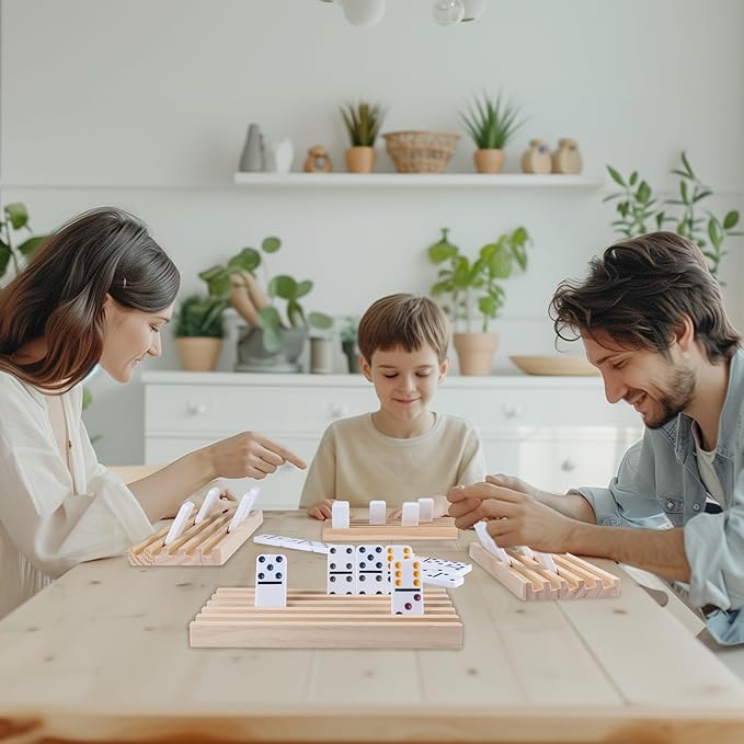 GOTHINK Dominoes Set for Adults with 4 Wooden Trays/Racks, Double 6 Dominoes Set Travel Set with 4 Tiles Holders, 28 Tile Colored Dot Dominos in Tin Box Classic Family Board Games for 2-4 Players