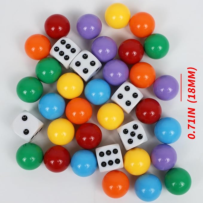 Large Size18MM 30 Wahoo Board Game Replacement Marbles 5 Each of 6 Colors 6 Dice and a Play Bag for Wahoo Board Game