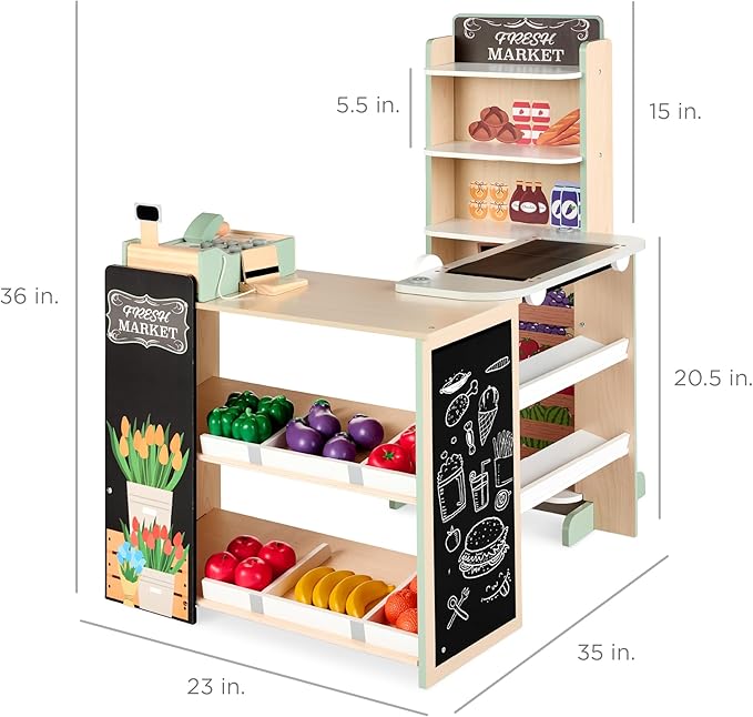 Best Choice Products Pretend Play Grocery Store Wooden Supermarket Toy Set for Kids w/Play Food, Chalkboard, Cash Register, Working Conveyor - Natural