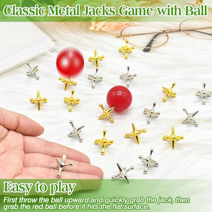ZeeDix 60 Pcs Pick Up Sticks with 2 Sets Retro Metal Jacks Kit- Include 2 Pcs Red Rubber Balls and 20 Pcs Gold and Silver Metal Jacks, Classic Fun Game Gift of Jacks for Kids Adults Family