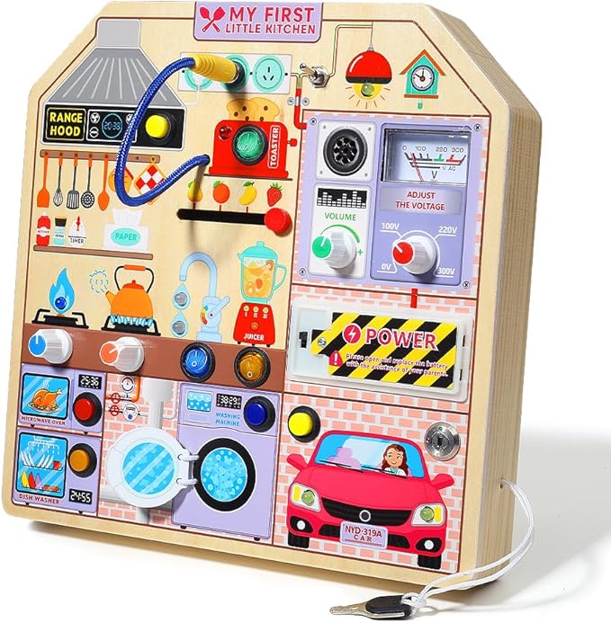JAUNTY Kitchen Busy Board Toy for 3 4 5 Years Old, Wooden Sensory Toys Montessori 3-5 Toddler Girls Toy with Sound, Learning Kitchen Toys Great 1st First Birthday Gift for Girls Boys