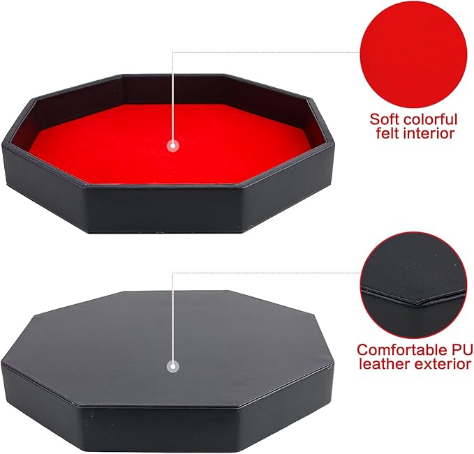 Dice Rolling Tray, Felt Lined PU Leather Octagon Dice Tray for Dungeon Crawler Games, Red