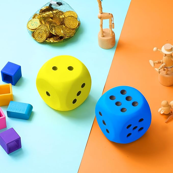 Zomiboo 2 Pcs Large Foam Dice Stress Balls Soft Jumbo 6 Sided Giant Dice Educational Learning Squeeze Anxiety Relieve Toy Gifts for Adults Kids Board Game Classroom(Blue, Yellow,3.93 Inch)