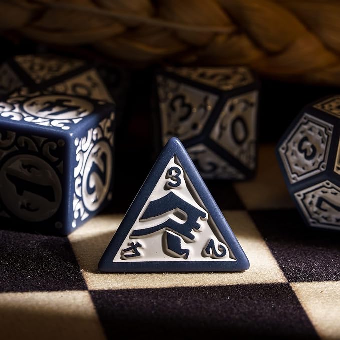 7-Die DND Dice Set New Pattern Polyhedral Dice Set with Leather Bag D&D Dice Set for Dungeons and Dragons RPG MTG Table Games(Blue White)
