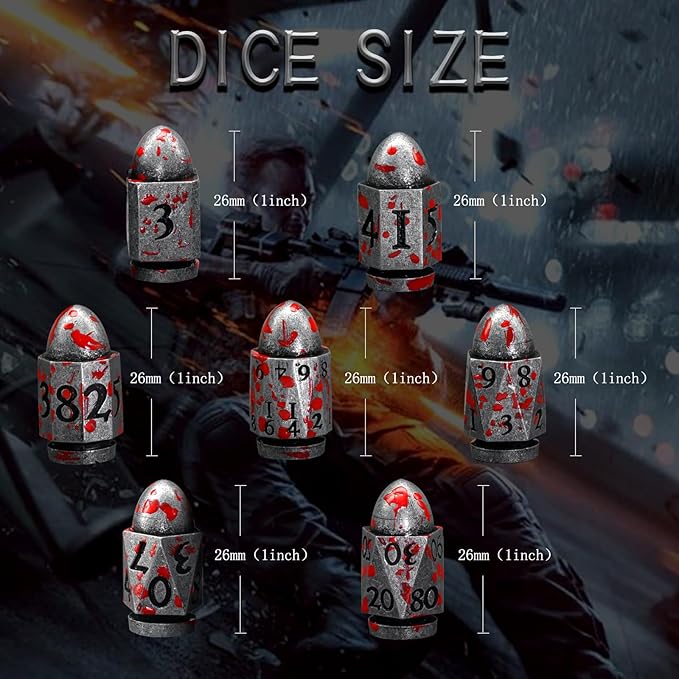 Bullet DND Dice for Dungeons and Dragons, Solid Metal Dice Set D&D with Box Polyhedral D and D Dice for Role Playing Tabletop D20 D12 D10 D8 D6 D4 (Bullet Sliver Blood Spot)
