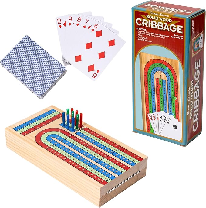 Cribbage Board Game Set, 3-Track Color-Coded Wooden Board with Storage, Includes 9 Pegs, Deck of Playing Cards, Ideal for Family Fun, Travel, and Gatherings