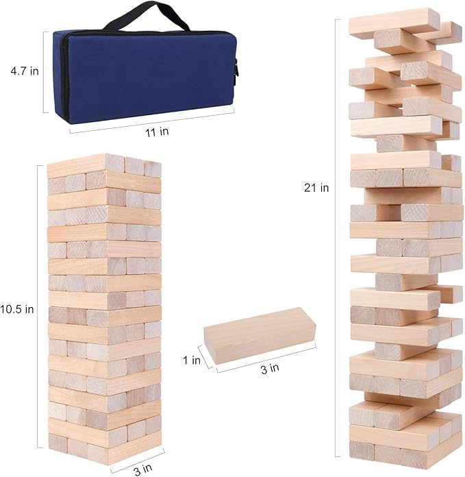 GOTHINK Tumble Tower Game for Kids and Adults, 54pcs Wooden Board Stacking Game for Family Games Night, Classical Wood Blocks Game, Standard Size with Storage Bag