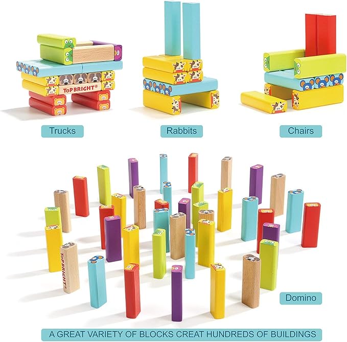 TOP BRIGHT Colored Wooden Blocks Stacking Board Games for Kids Ages 4-8 with 51 Pieces