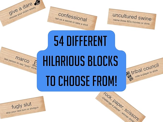 Block Party Adult Game Tumbling Tower ™ - Party Game - 54 Hilarious and Unique Blocks - with Different Dares, Challenges, Mini-Games