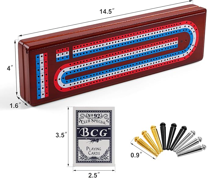 Cribbage Board Game Set with Large Storage Area, Solid Wood 3 Track Cribbage Board, 9 Metal Pegs, 2 Playing Cards and Instruction. Travel Cribbage Sets for All Ages(Vintage Color).
