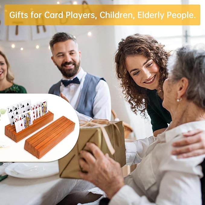 Card Deck Stand Set of 2 Playing Holder for Kids Elder Wood Racks Tray for Organizing on Game Bridge Holders Adults Uno Five Crowns Canasta(Upgrade Orange)
