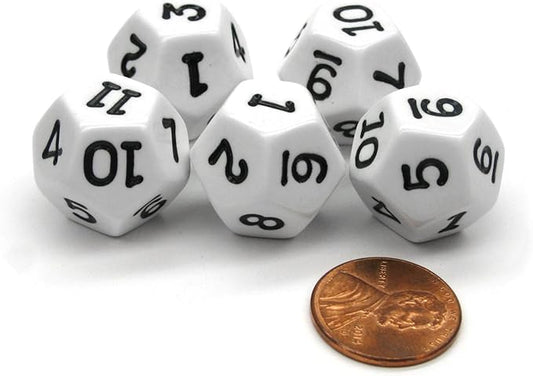 Koplow Games Set of 5 D12 12-Sided 18mm Opaque RPG Dice - White with Black Numbers