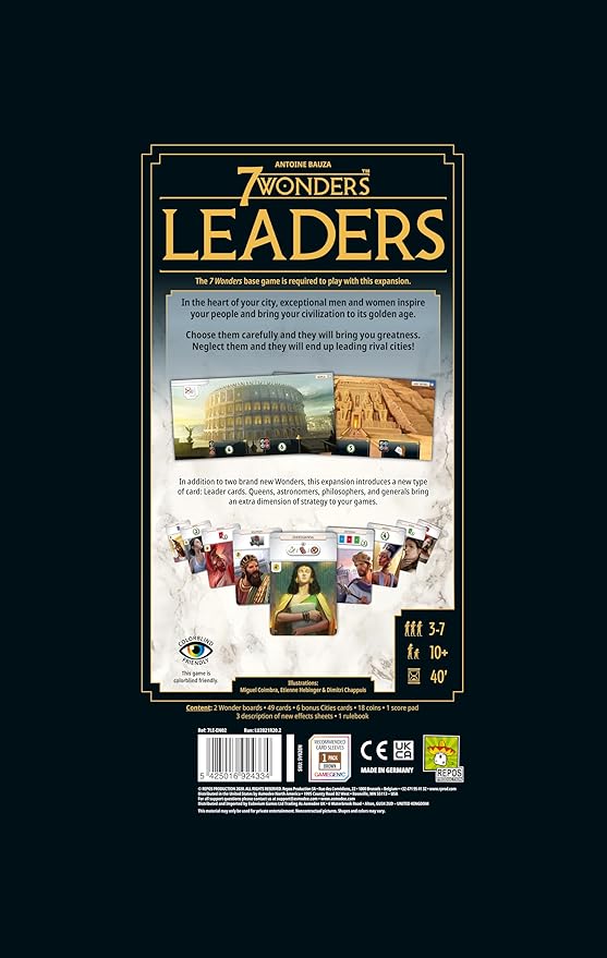 7 Wonders Leaders Board Game EXPANSION - Unleash the Power of Exceptional Leaders! Civilization Strategy Game for Kids and Adults, Ages 10+, 3-7 Players, 40 Min Playtime, Made by Repos Production