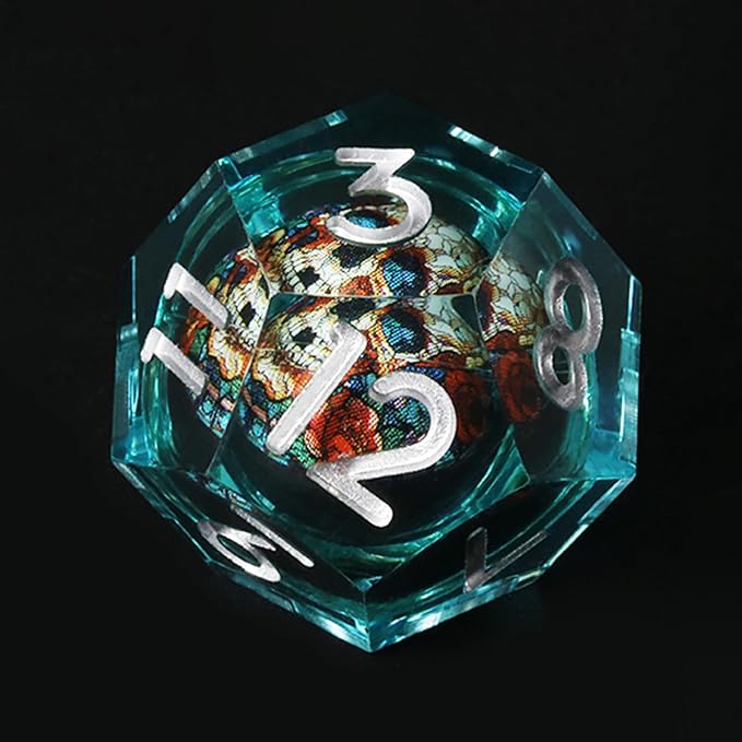 Skull D&D Dice Set with Sharp Edges, Resin Polyhedral 7pcs Dice for Dungeons and Dragons RPG, Gift Dragon Eye Bag (Green Silver)
