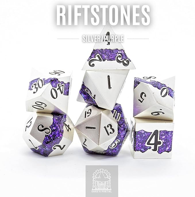 Sage's Portal Metal Riftstone DND Dice 7-PC Polyhedral Dice Set for DND TTRPG Dungeons and Dragons Pathfinder Oversized Designer Dice (Pearl Silver/Purple)