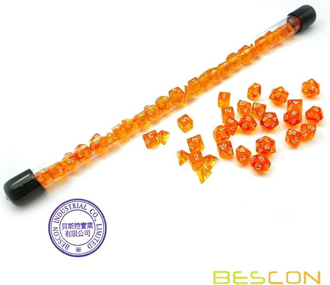 Bescon 28pcs Translucent Orange Mini Polyhedral Dice Set in Tube, Dungeons and Dragons RPG Dice 4X7pcs,Mini Gem Dice Set