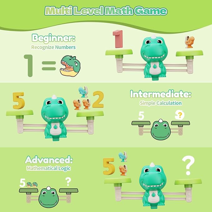 2 in 1 Dinosaur Magnetic Fishing & Balance Math Game, 21 Pcs Dinosaur Toys with 10 Interactive Math Cards, Math Learning Counting Toys, Pre-Educational Board Game for Ages 3-6 (Light Green)