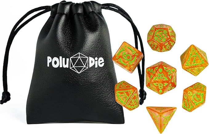7-Die DND Dice Set Halloween Pattern Polyhedral Die Set with Leather Bag, Skull Dice D&D Die for Dungeons and Dragons RPG Table Games(Halloween Pattern-Orange/Green Number)