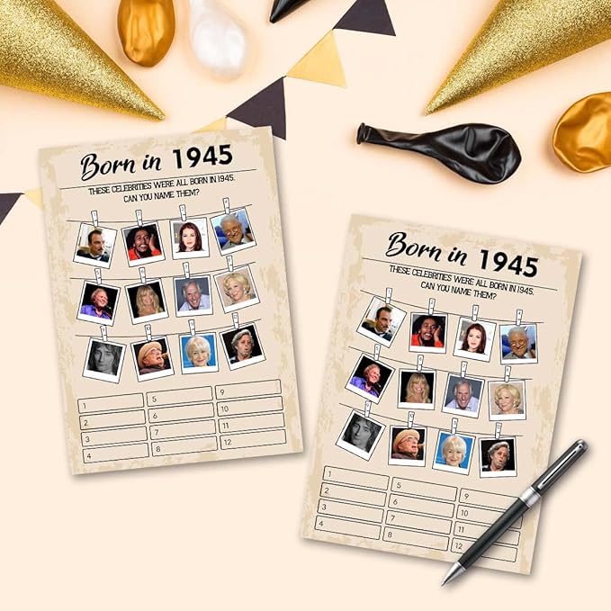 QUPT 80th Birthday Party Games, Born in 1945, 30 Cards, Adults, History, English, Card Game, 18+