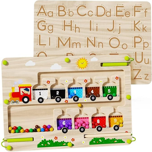 2 in 1 Magnetic Color and Number Maze + ABC Alphabet Tracing Board, Wooden Montessori Toys for 2 3 4 5 Year Old, Preschool Learning Activities, Christmas Birthday Gift for Toddler Boys & Girls