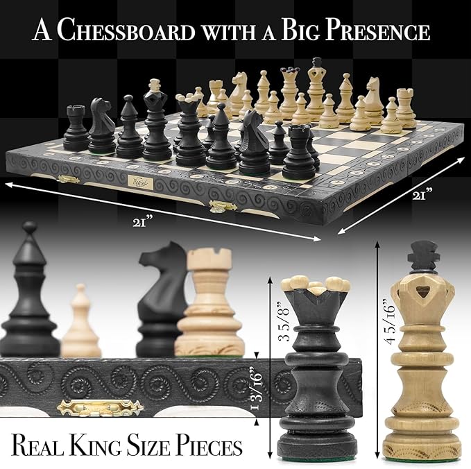 Wegiel Imperator 21-Inch Luxury Wooden Chess Set for Adults and Kids - Handcrafted from Premium Beech and Birch Wood - Unique Folding Design with Chess Piece Storage, Black