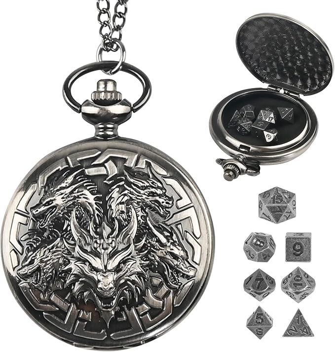 D&D Dice Set,7PCS Metal Dice for Dungeons and Dragons,Mini Dice Set with Pocket Watch Case,Role Playing Board Games Accessories (Dragon, Ancient Silver)