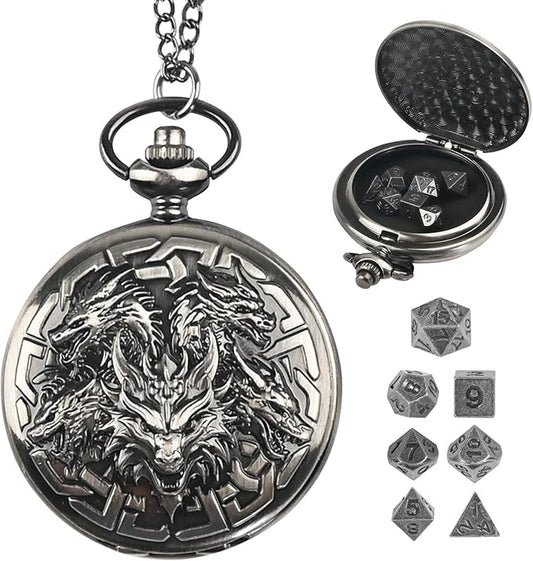 D&D Dice Set,7PCS Metal Dice for Dungeons and Dragons,Mini Dice Set with Pocket Watch Case,Role Playing Board Games Accessories (Dragon, Ancient Silver)