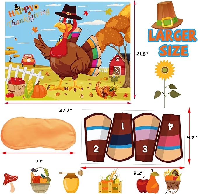 Thanksgiving Games for Kids Pin The Tail On The Turkey with 20pcs Turkey Tails Stickers Turkey Games for Kids Thanksgiving Party Activities Favors Fall Festival Games Friendsgiving Party Games