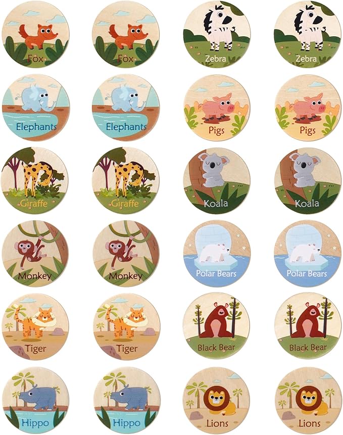 24Pc Animal Memory Matching Cards, Wooden Memory Chess Age 3-5, Educational Memory Matching Game for Kids Adults Educational Game Family Travel Board Games for Early Learning Brain-Boosting