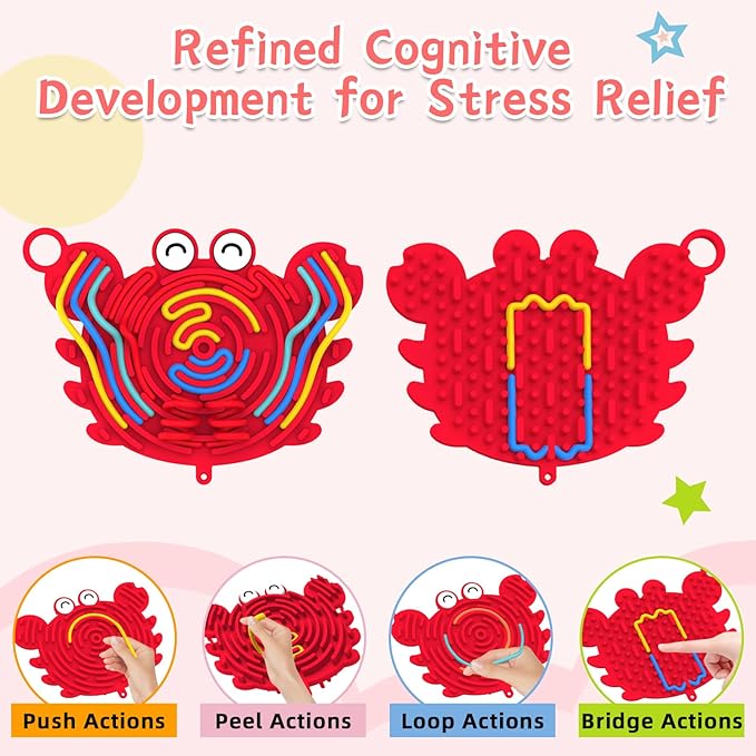 Silicone Sensory Activity Board,Double-Sided Busy Board for Fine Motor Skill,Fidget Toy for Calming, Stress, Anxiety, ADHD, Autism, Silent, No Mess, Kids 3+ & Adults(Crab,Red)