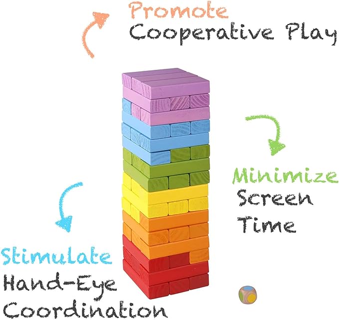 Pidoko Kids Wooden Stacking Building Blocks (49 Pcs) - Colorful Tumbling Blocks Board Games for Family Game Night - Montessori Toys Gifts, Includes Storage Bag