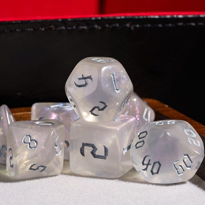 7-Die DND Dice Set Polyhedral Dice Set with Leather Bag D&D Dice Set for Dungeons and Dragons RPG MTG Table Games (Transparent w/Glitter)