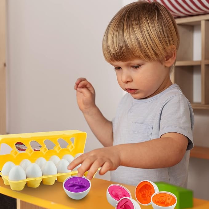 Dimple 12 PCS Vehicle Car Egg Matching Toy with Holder – STEM Easter Eggs, Educational Shape & Color Puzzle, Plastic Easter Eggs, Easter Basket Stuffers, Easter Gifts for Kids & Toddlers