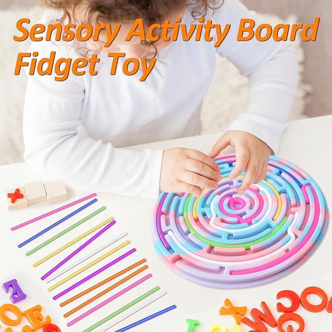 Sensory Activity Board for Kids and Adults, Double-Sided Silicone Fidgets Toys - Silent, No Mess, for Calming, Stress Anxiety, ADHD&Autism - Includes Portable Travel Bag &12Strings Rainbow
