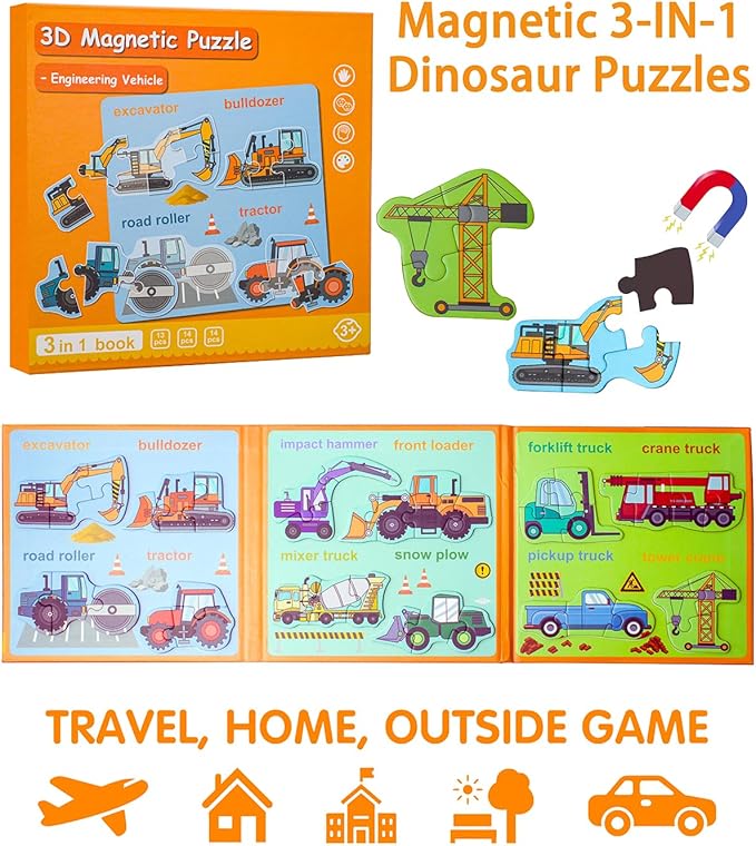 Magnetic Puzzles for Toddlers 3-5, Travel Puzzles for Kids Ages 1-3, Engineering Vehicle Wooden Jigsaw Puzzles Book for Kids 2-4 Learning Gift for Road Trip (Excavator)