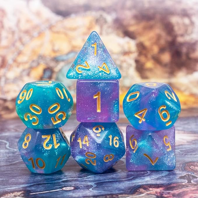DND Dice Set with Dragon Totem Metal Gife Case, Dungeons and Dragons Dice Set,Polyhedral Dice Set Filled with Shiny Glitters,Role Playing Games and Tabletop Games (Blue&Pink)