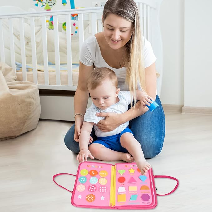 Busy Board, 7 in 1 for 3+ Years Old, 91Pcs Montessori Board to Learn Fine Motor Skills, Sensory Board, Preschool Educational Toys for Toddler Travel - Pink