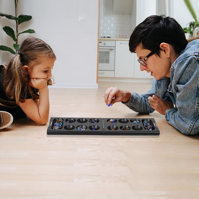 Wooden Mancala Board Game Set with 48 + 24 Bouns Multicolor Glass Stones Portable Folding Board for 2 Players Classic Travel Games for Adults and Kids
