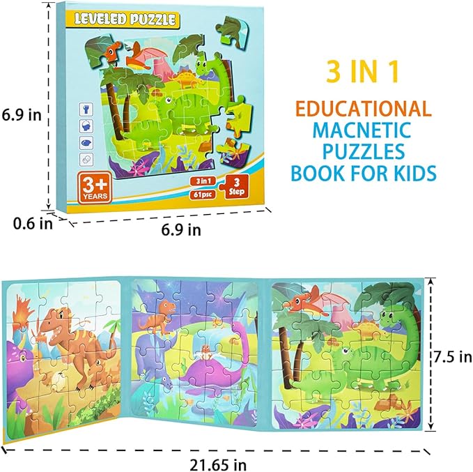 Dinosaur Magnetic Puzzles for Toddlers 3-5, 3 in 1 Travel Puzzles Book Games for Kids Ages 2-4, Travel Games and Toys for 3 4 5 6 Year olds Boys and Girls (Dinosaur 1)