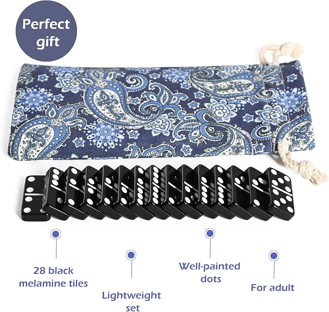 Dominoes Set for Adults, Double Six Domino & Tile Games, Domino Set with 28 Large Tiles & Portable Bag, for Classic Family/Travel Board Game (2-4 Players)