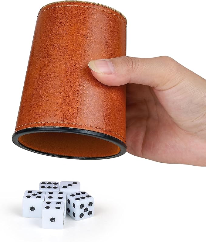 Felt-Lined PU Leather Dice Cup Set, 6 Quiet Dice Shaker Cups with 36 Dices for Bar Party Yahtzee Farkle Games, Brown