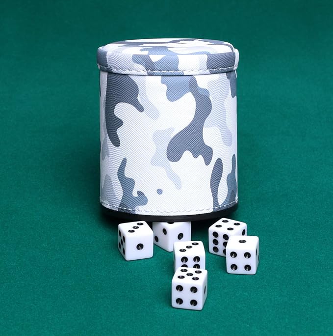 PU Leather Dice Cup with 6 Dice, Felt Lined Interior Quiet Shaker for Liars Dice/Farkle/Yahtzee Game, Camouflage Patterns