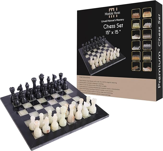 15 Inch Luxury Chess Set Classic Chess Boards for Adults with Handcrafted Stone Board & Marble Chess Pieces Ideal for Home Decor (Black & Onyx)