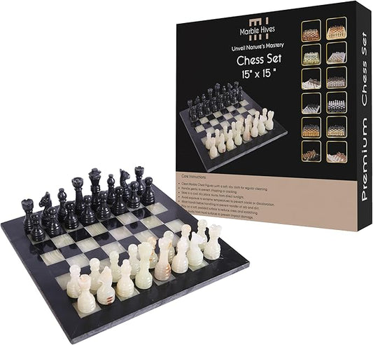 15 Inch Luxury Chess Set Classic Chess Boards for Adults with Handcrafted Stone Board & Marble Chess Pieces Ideal for Home Decor (Black & Onyx)