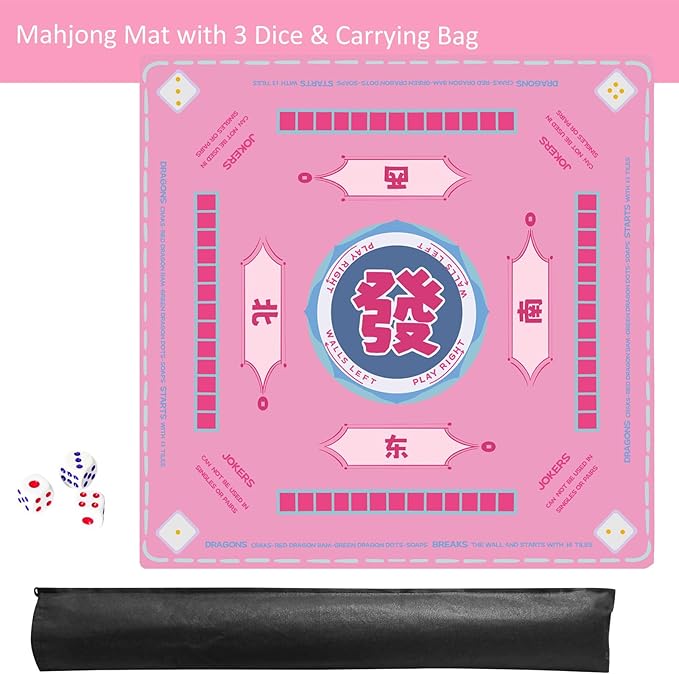 Pink Mahjong Learning Mat with Black Carrying Bag, Anti-Slip, Noise-Reducing Table Cover for Mahjong, Board Games, Tile Games and Card Games (33” x 33”)