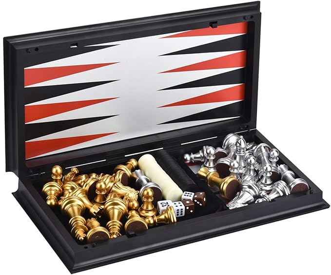 3 in 1 Magnetic Chess Checkers Backgammon Board Game Set with Folding Board Travel Games for Kids and Adults (Chess: Gold & Silver)