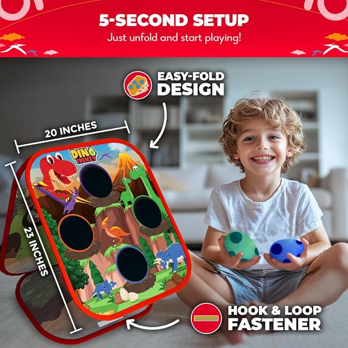 SWOOC Games - Dino Frenzy™ | 2-in-1 Corn Hole Games for Kids | 5-Second Setup | Dinosaur Bean Bag Toss Game for Kids | Kid Cornhole Game Set | Toddler Party Activity | Outside Bean Bags Kid Tossing